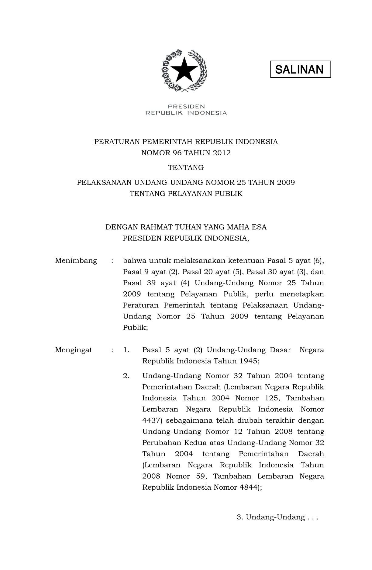 Peraturan Pemerintah Nomor 96 Tahun 2012