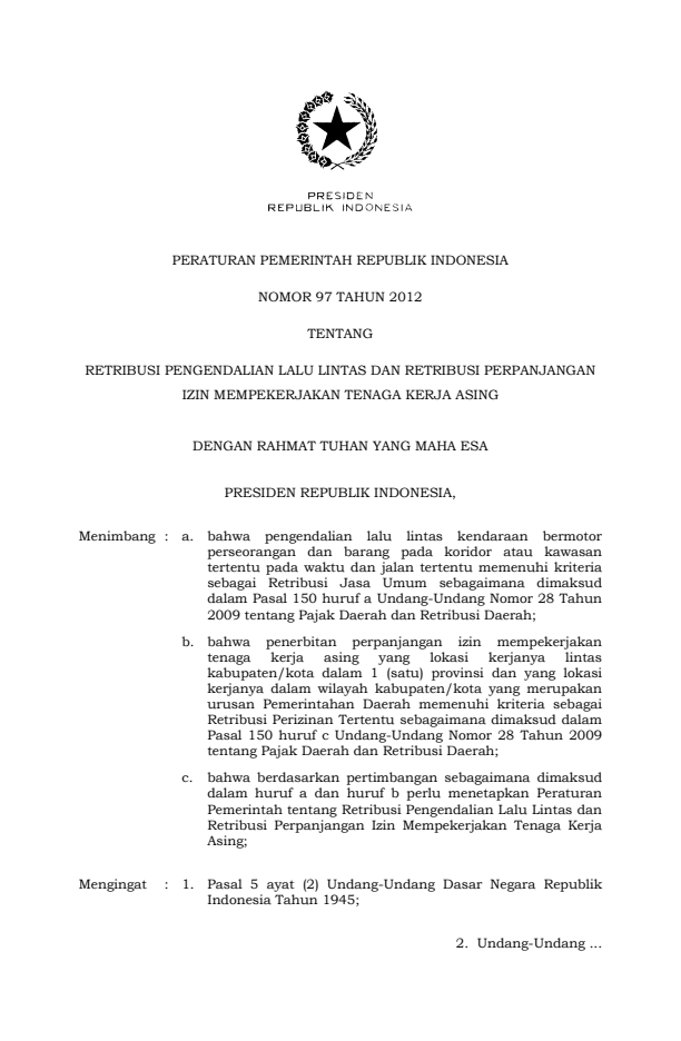 Peraturan Pemerintah Nomor 97 Tahun 2012