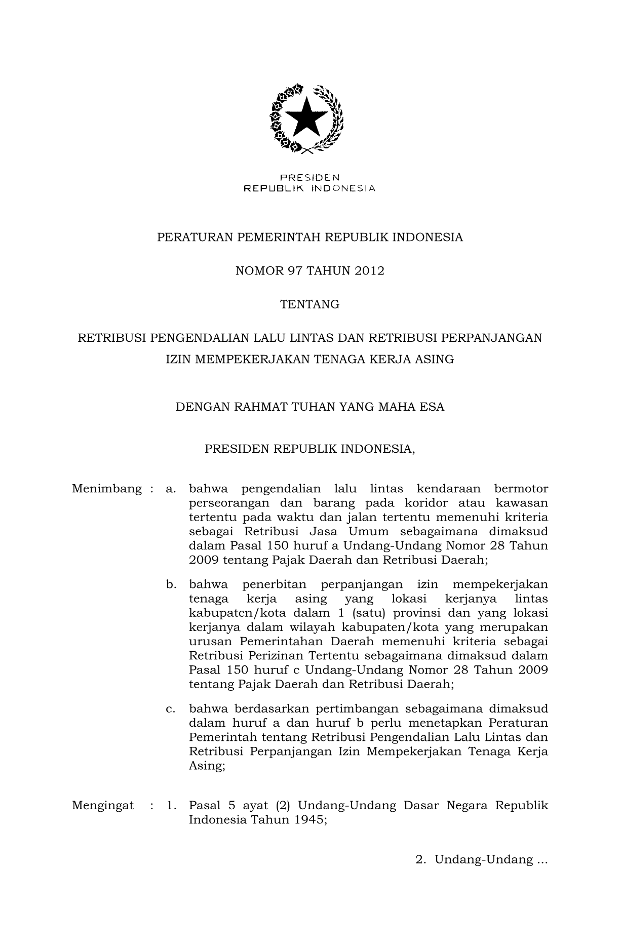 Peraturan Pemerintah Nomor 97 Tahun 2012