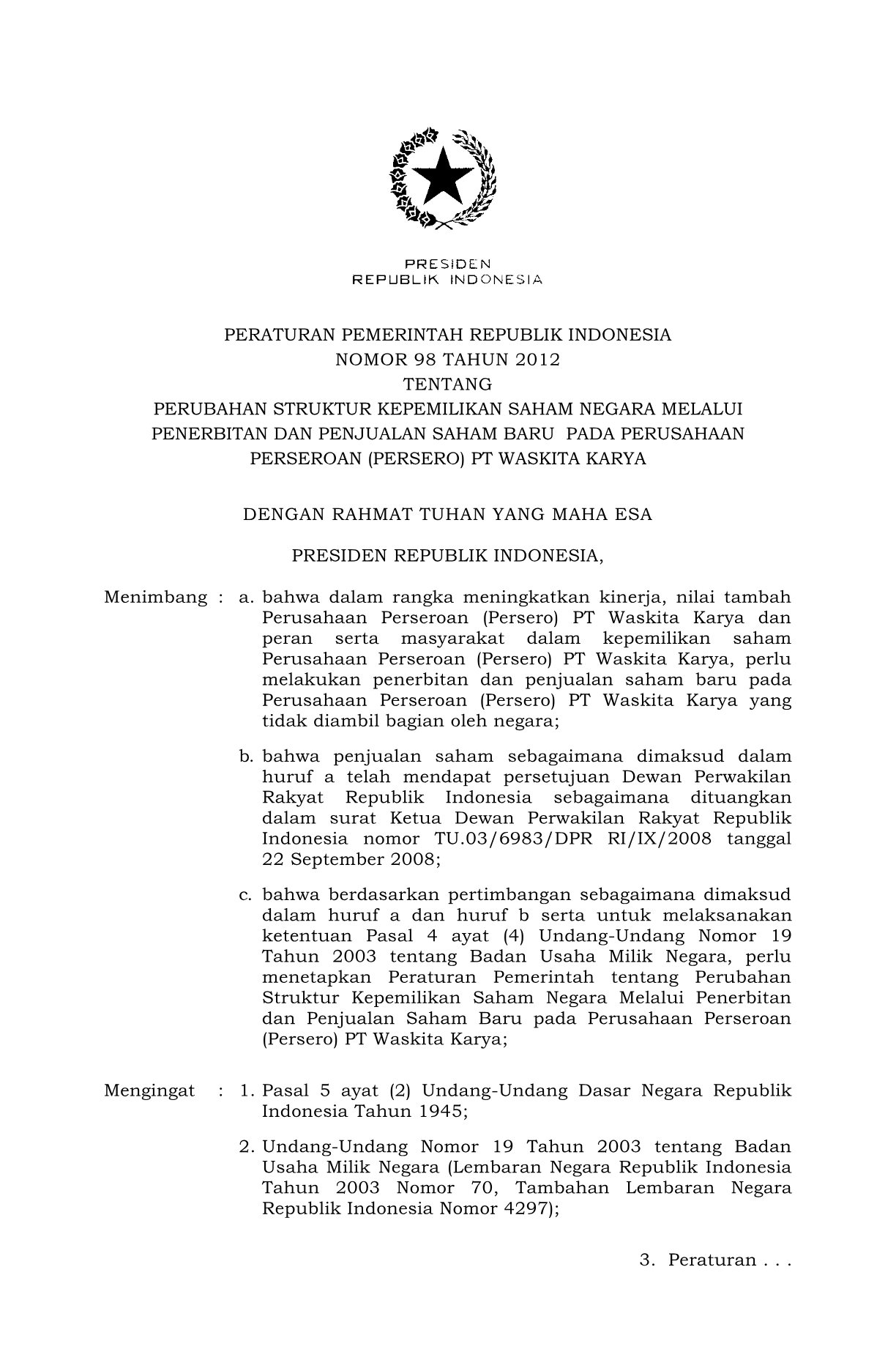 Peraturan Pemerintah Nomor 98 Tahun 2012