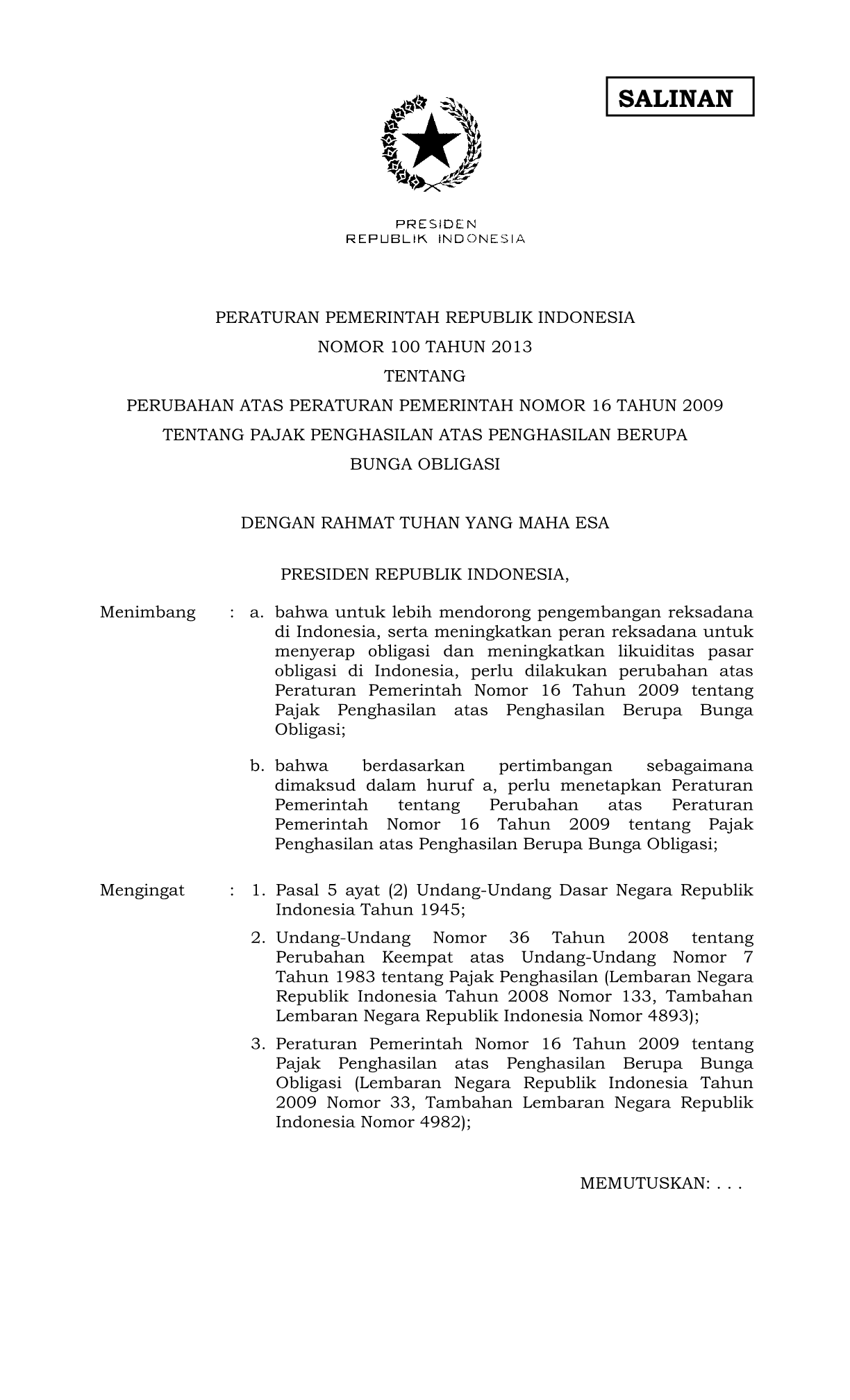 Peraturan Pemerintah Nomor 100 Tahun 2013