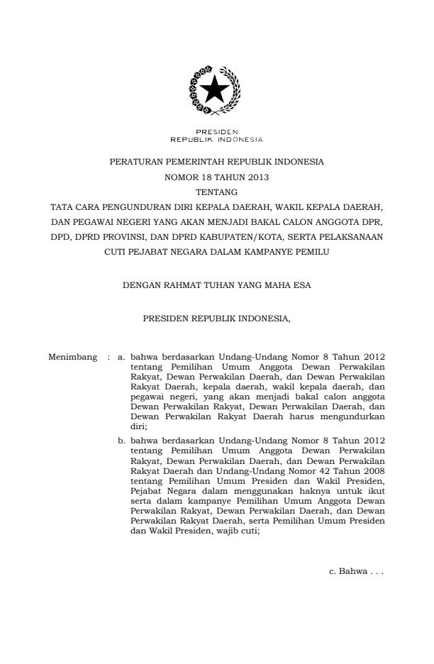 Peraturan Pemerintah Nomor 18 Tahun 2013