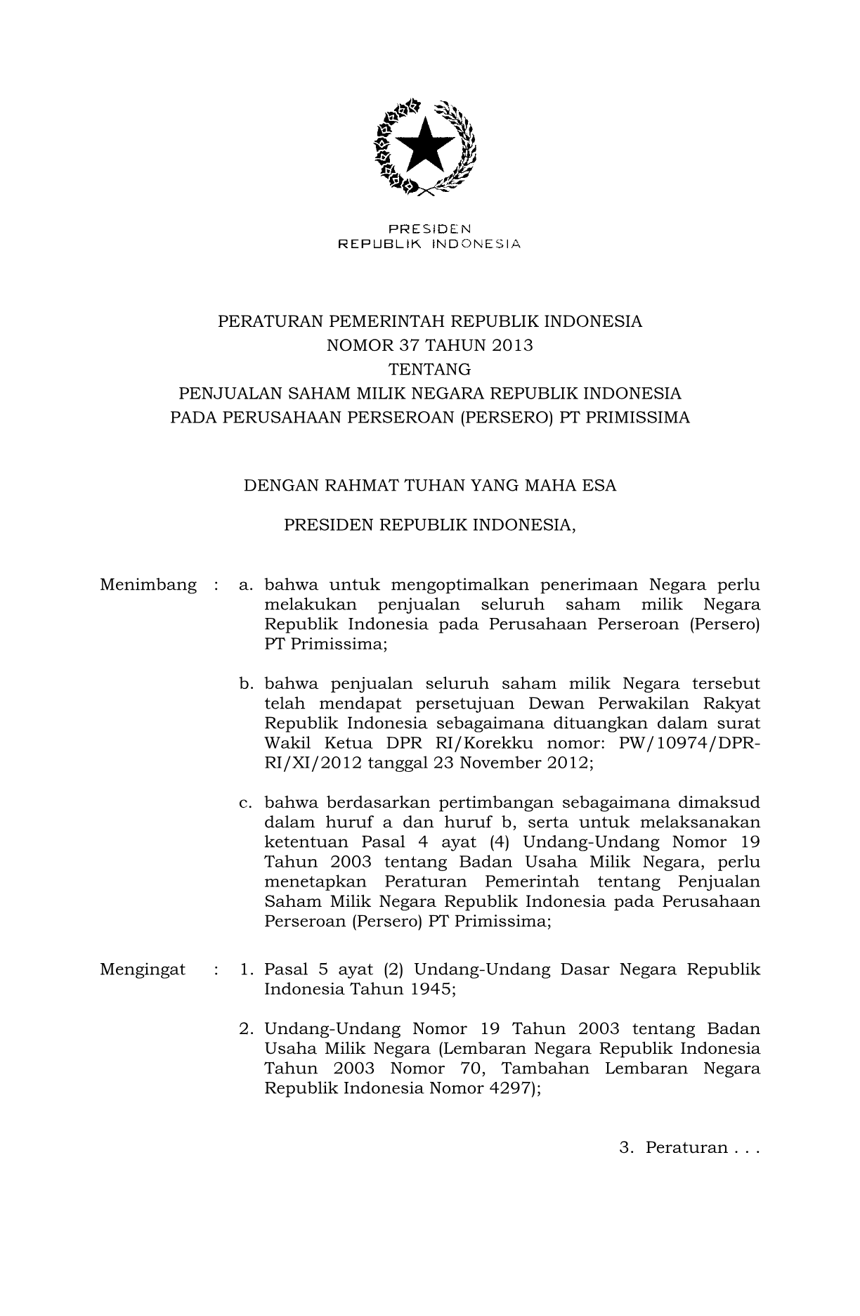 Peraturan Pemerintah Nomor 37 Tahun 2013