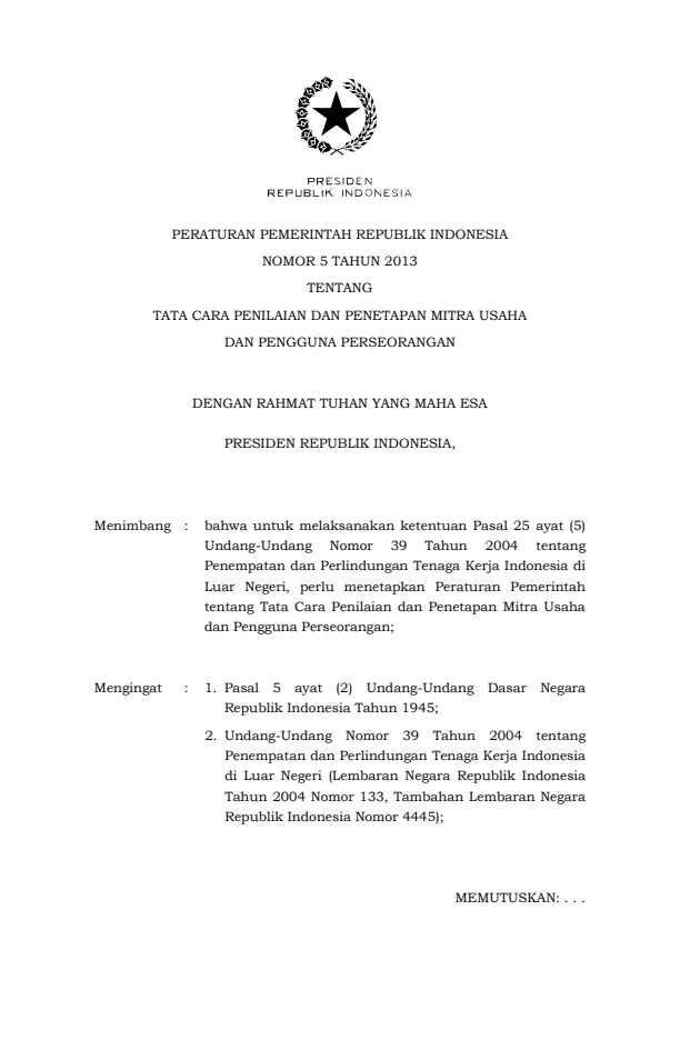 Peraturan Pemerintah Nomor 5 Tahun 2013