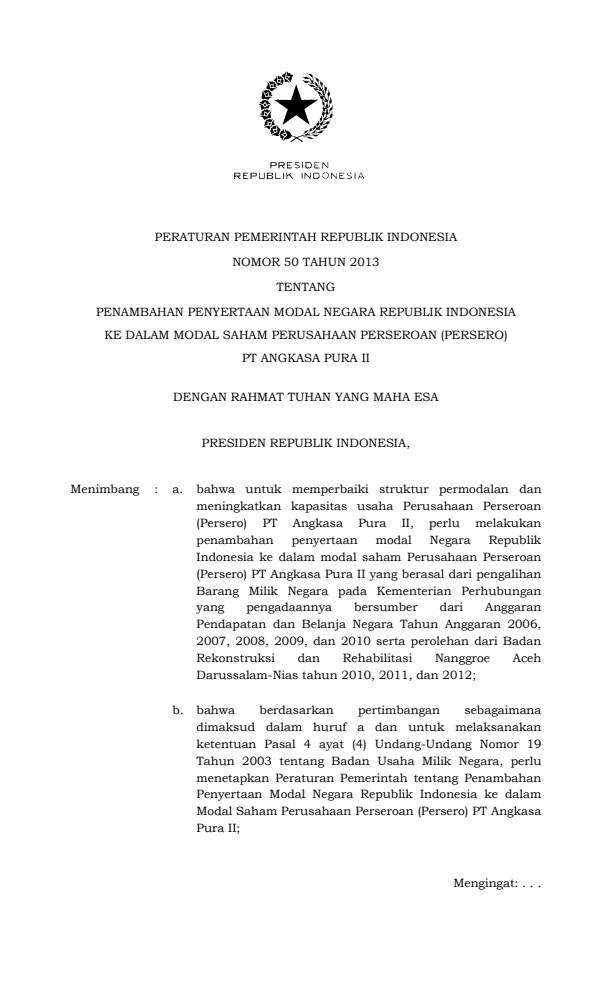 Peraturan Pemerintah Nomor 50 Tahun 2013