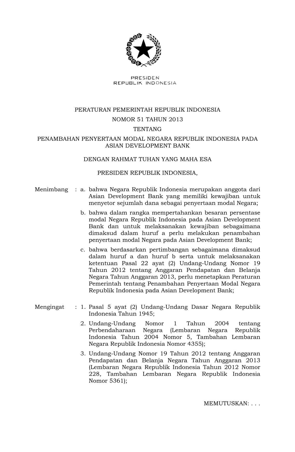 Peraturan Pemerintah Nomor 51 Tahun 2013