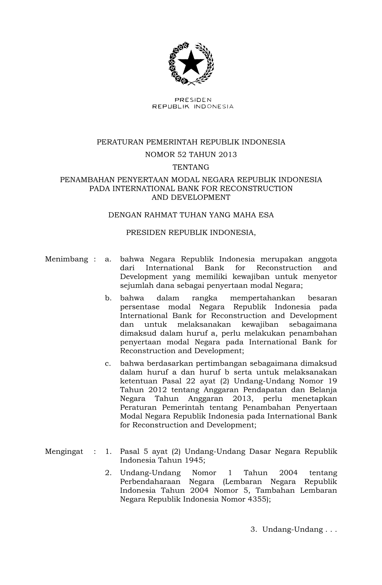 Peraturan Pemerintah Nomor 52 Tahun 2013
