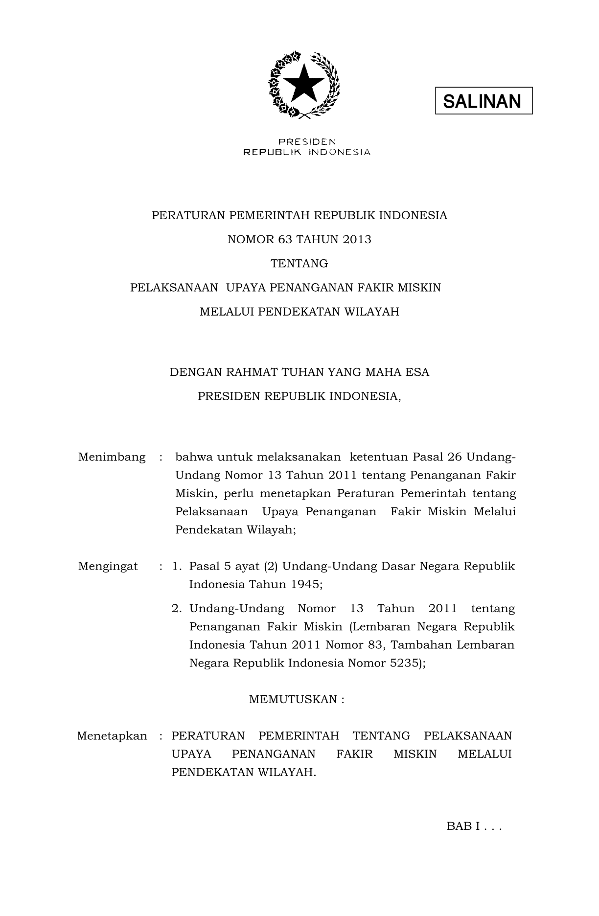 Peraturan Pemerintah Nomor 63 Tahun 2013