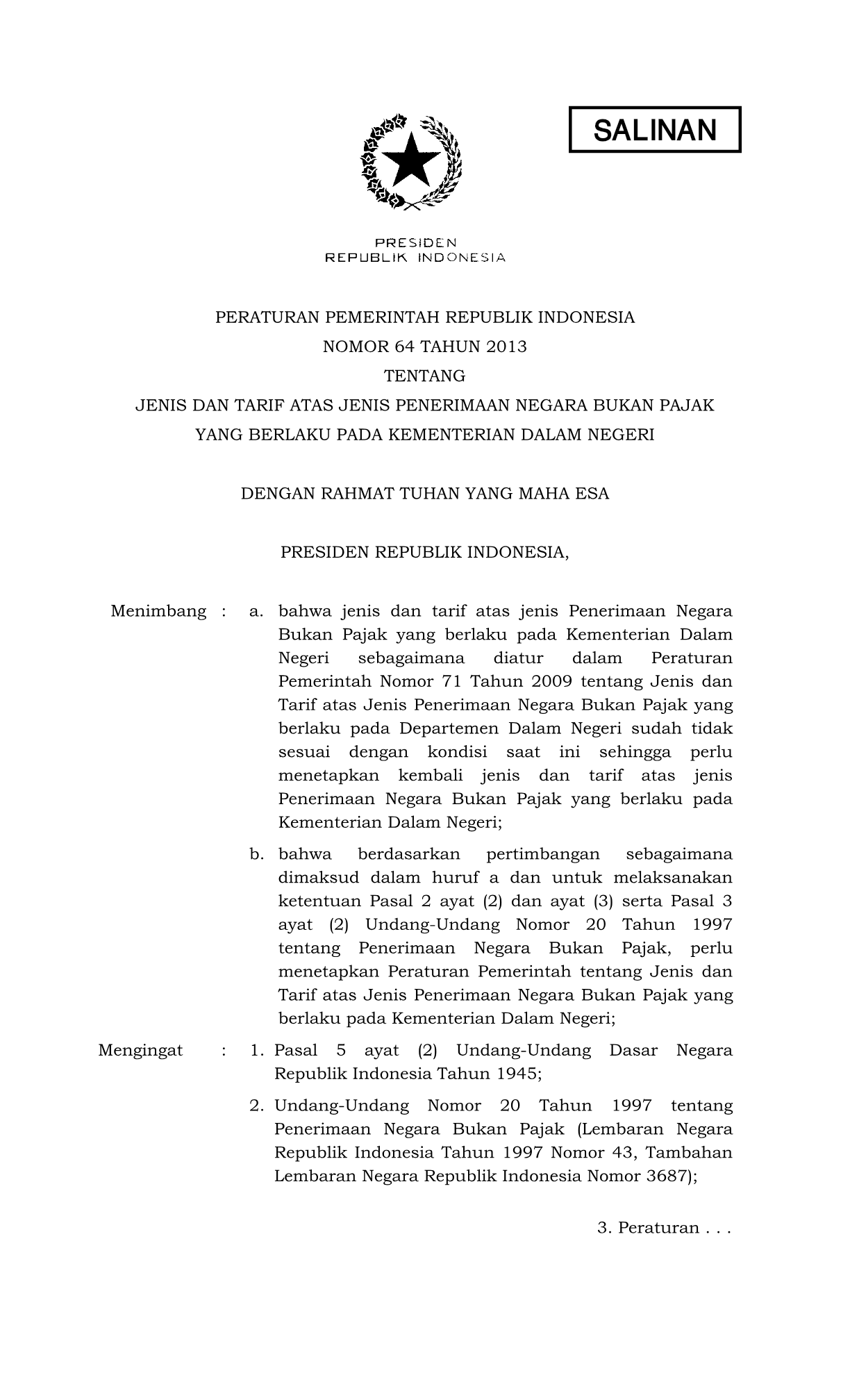 Peraturan Pemerintah Nomor 64 Tahun 2013