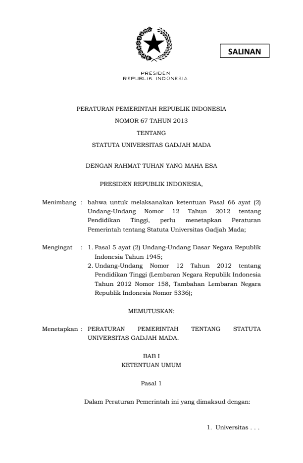 Peraturan Pemerintah Nomor 67 Tahun 2013