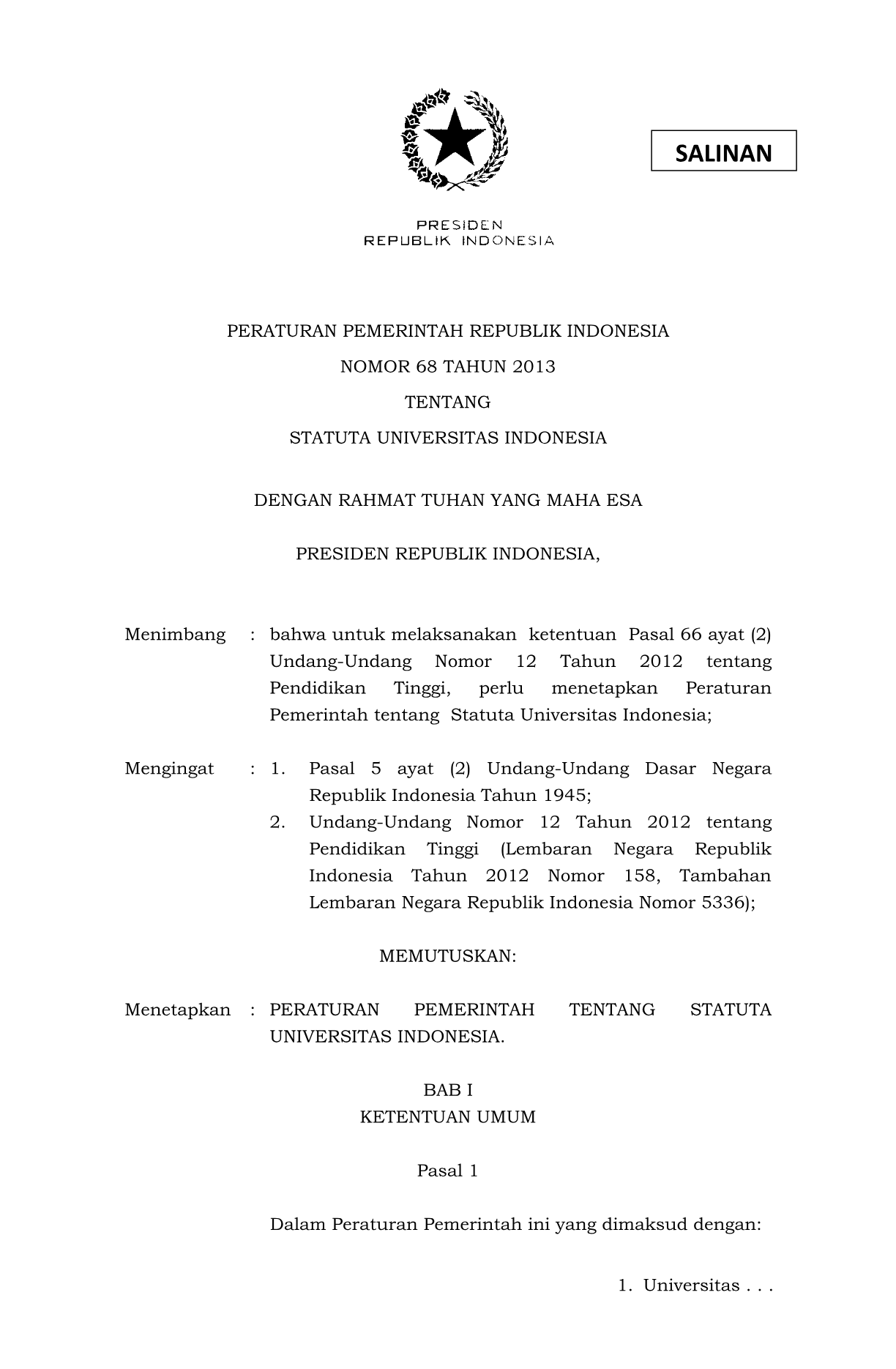 Peraturan Pemerintah Nomor 68 Tahun 2013