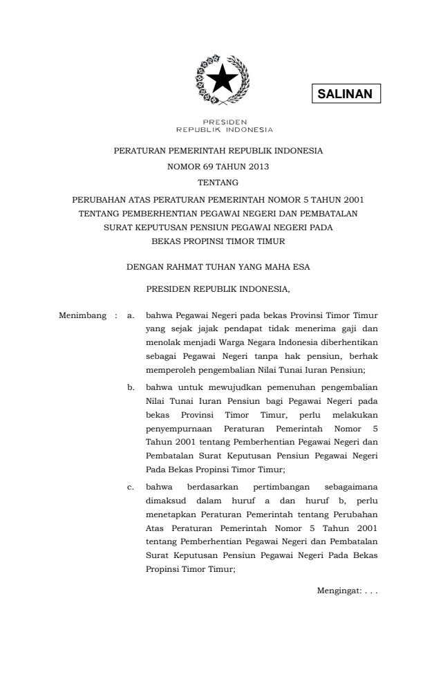 Peraturan Pemerintah Nomor 69 Tahun 2013