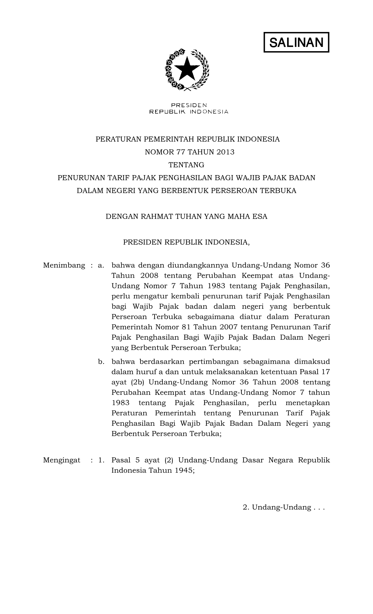 Peraturan Pemerintah Nomor 77 Tahun 2013