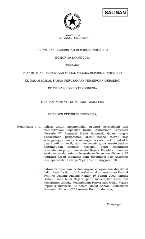 Peraturan Pemerintah Nomor 80 Tahun 2013