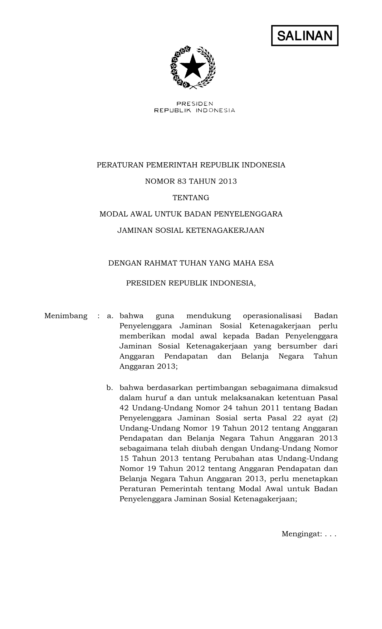 Peraturan Pemerintah Nomor 83 Tahun 2013