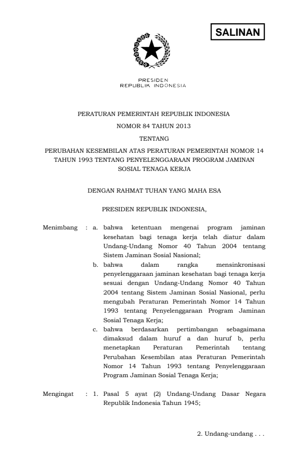 Peraturan Pemerintah Nomor 84 Tahun 2013