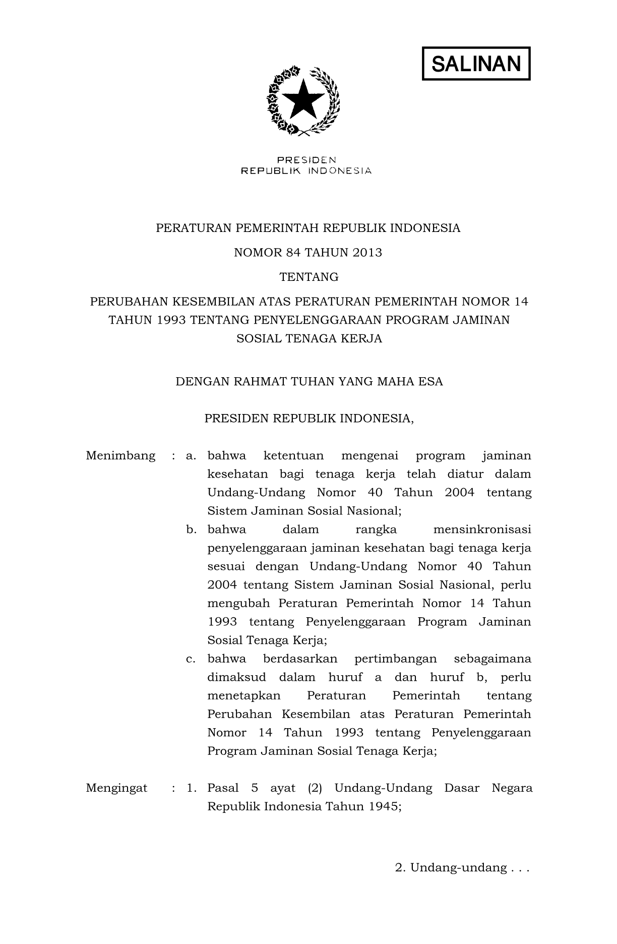 Peraturan Pemerintah Nomor 84 Tahun 2013