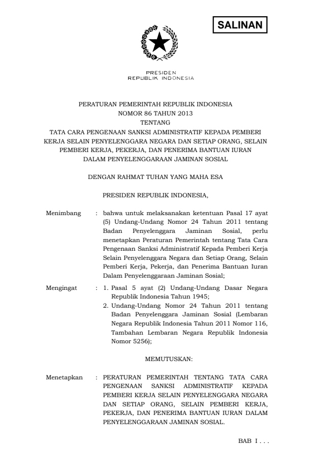 Peraturan Pemerintah Nomor 86 Tahun 2013