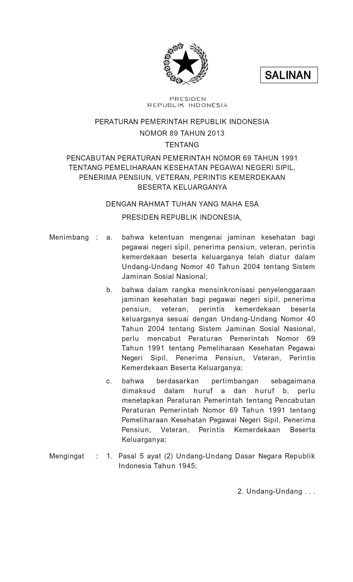 Peraturan Pemerintah Nomor 89 Tahun 2013
