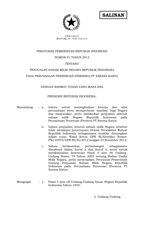 Peraturan Pemerintah Nomor 91 Tahun 2013