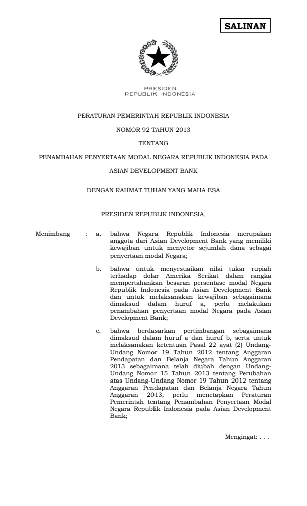 Peraturan Pemerintah Nomor 92 Tahun 2013