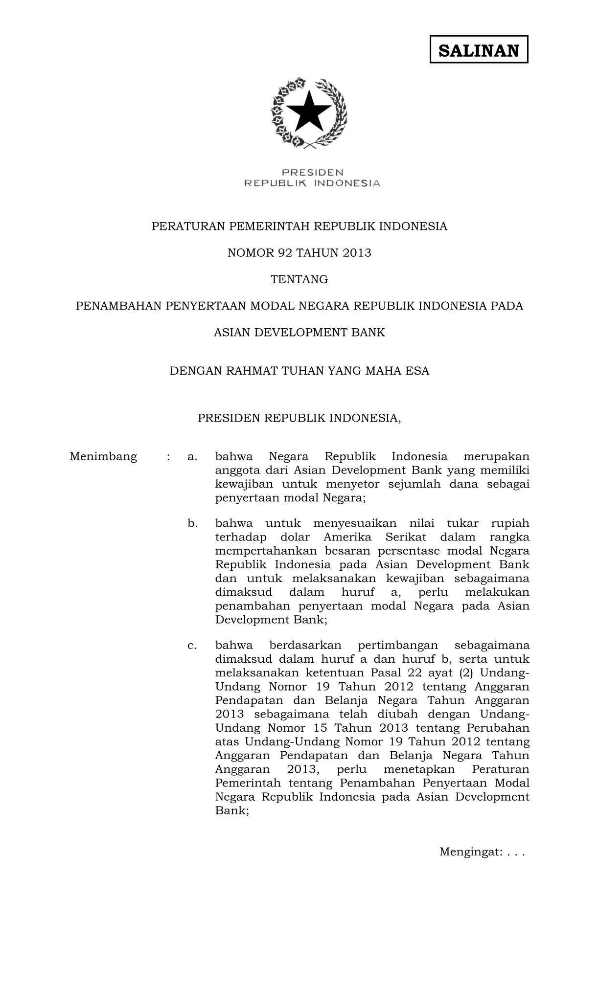 Peraturan Pemerintah Nomor 92 Tahun 2013