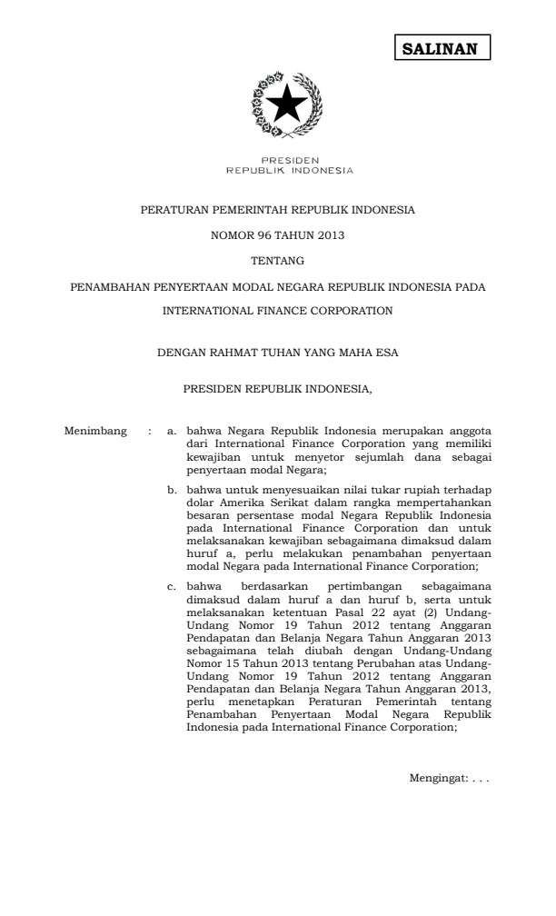 Peraturan Pemerintah Nomor 96 Tahun 2013