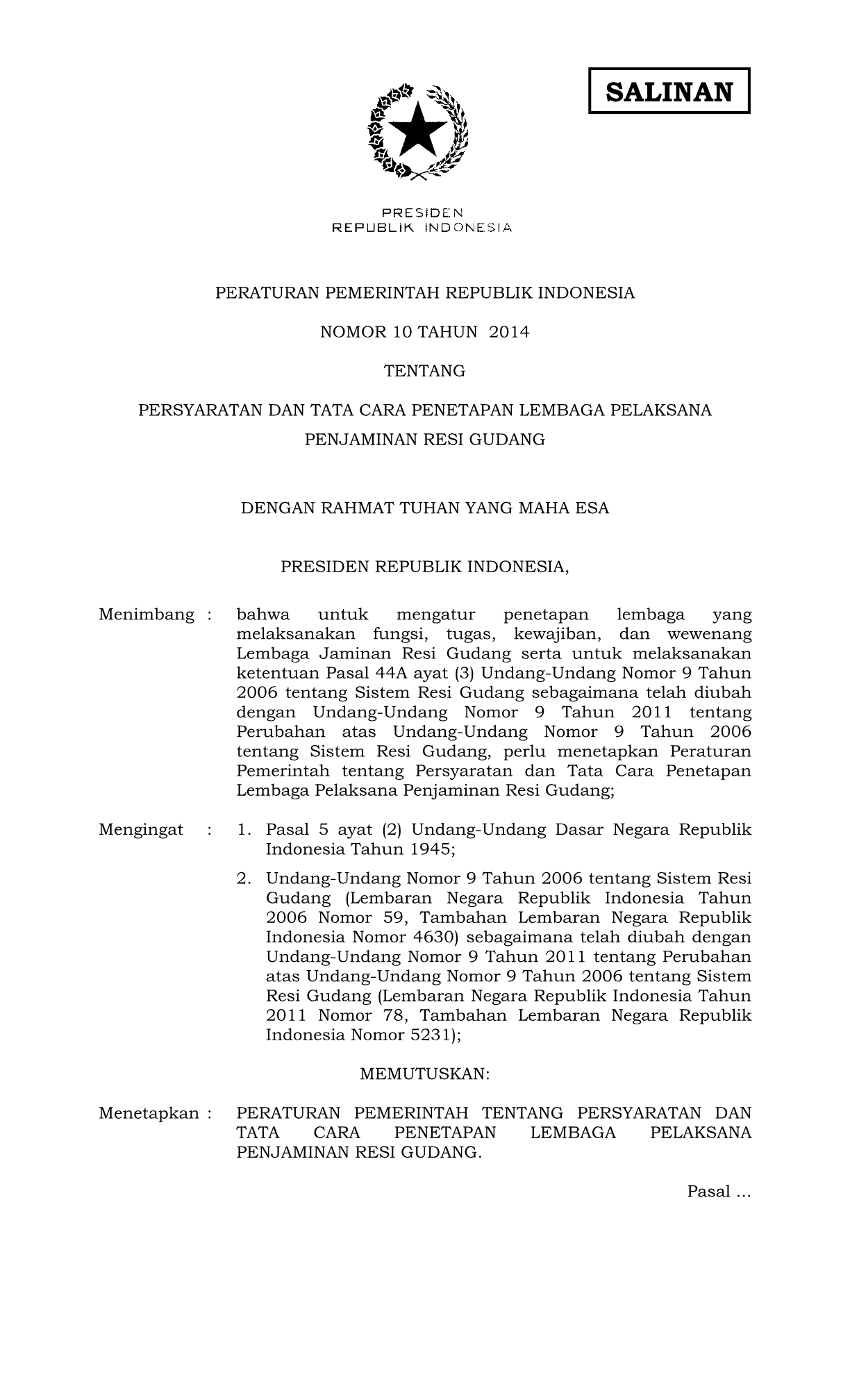 Peraturan Pemerintah Nomor 10 Tahun 2014