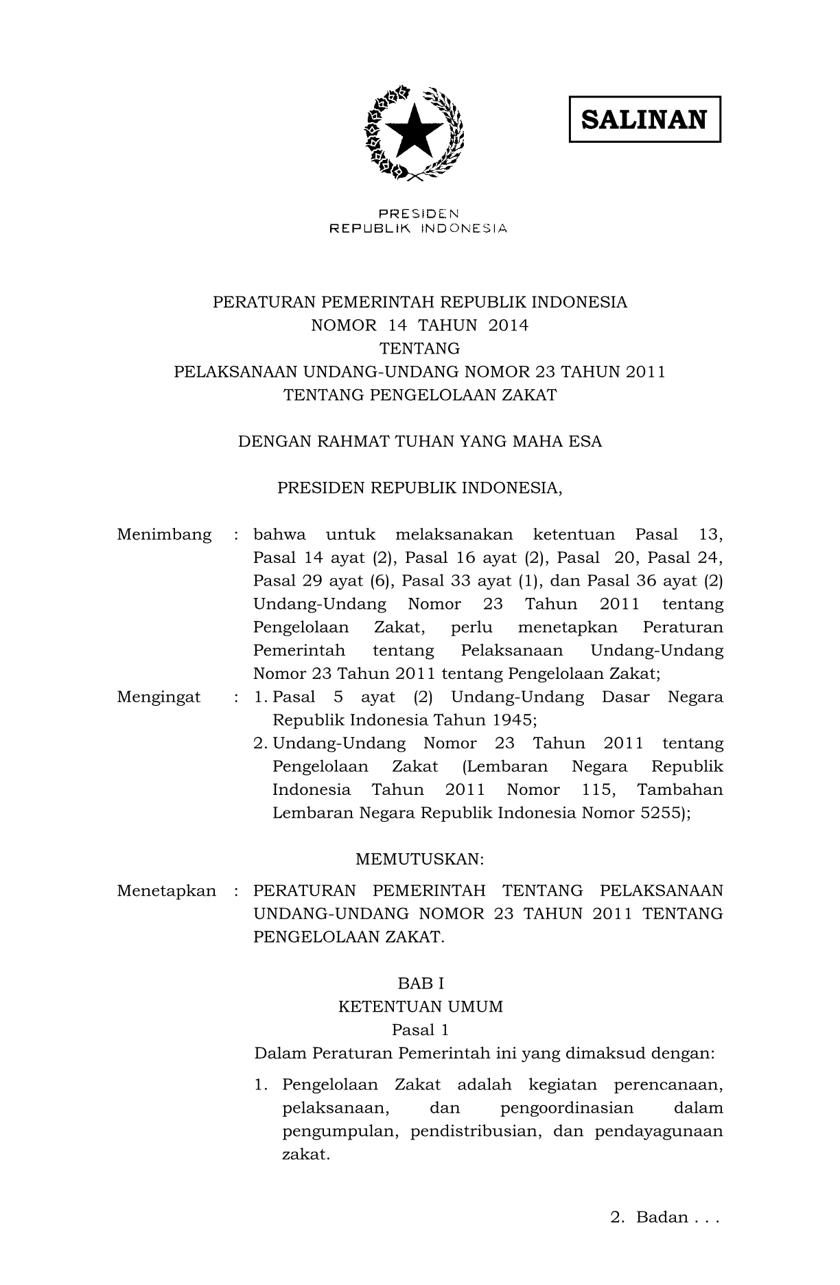 Peraturan Pemerintah Nomor 14 Tahun 2014