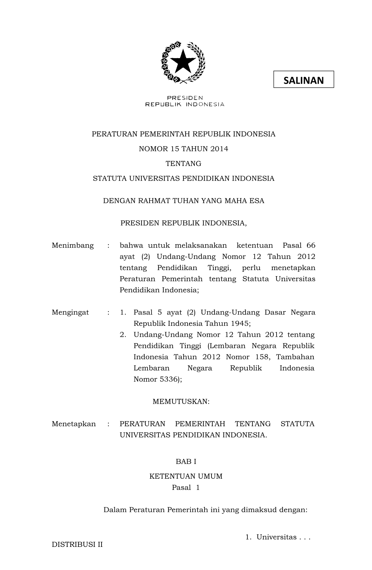 Peraturan Pemerintah Nomor 15 Tahun 2014