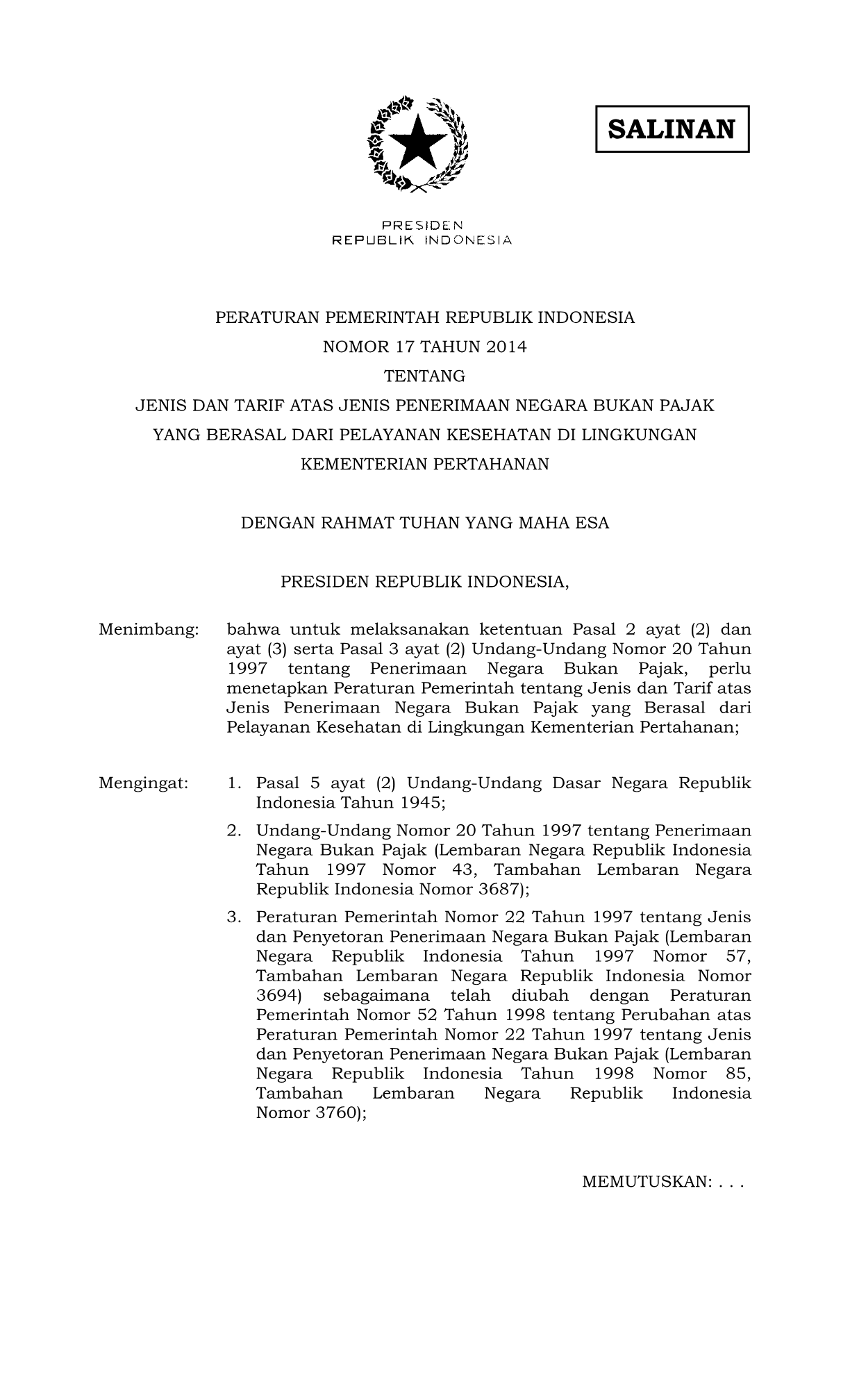 Peraturan Pemerintah Nomor 17 Tahun 2014