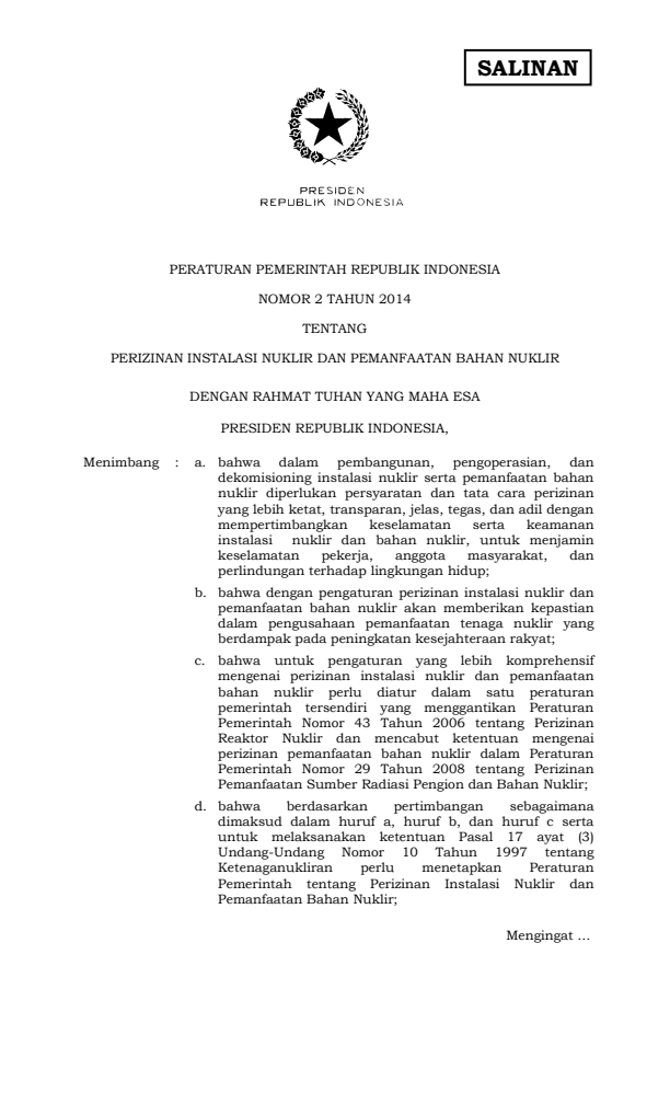 Peraturan Pemerintah Nomor 2 Tahun 2014