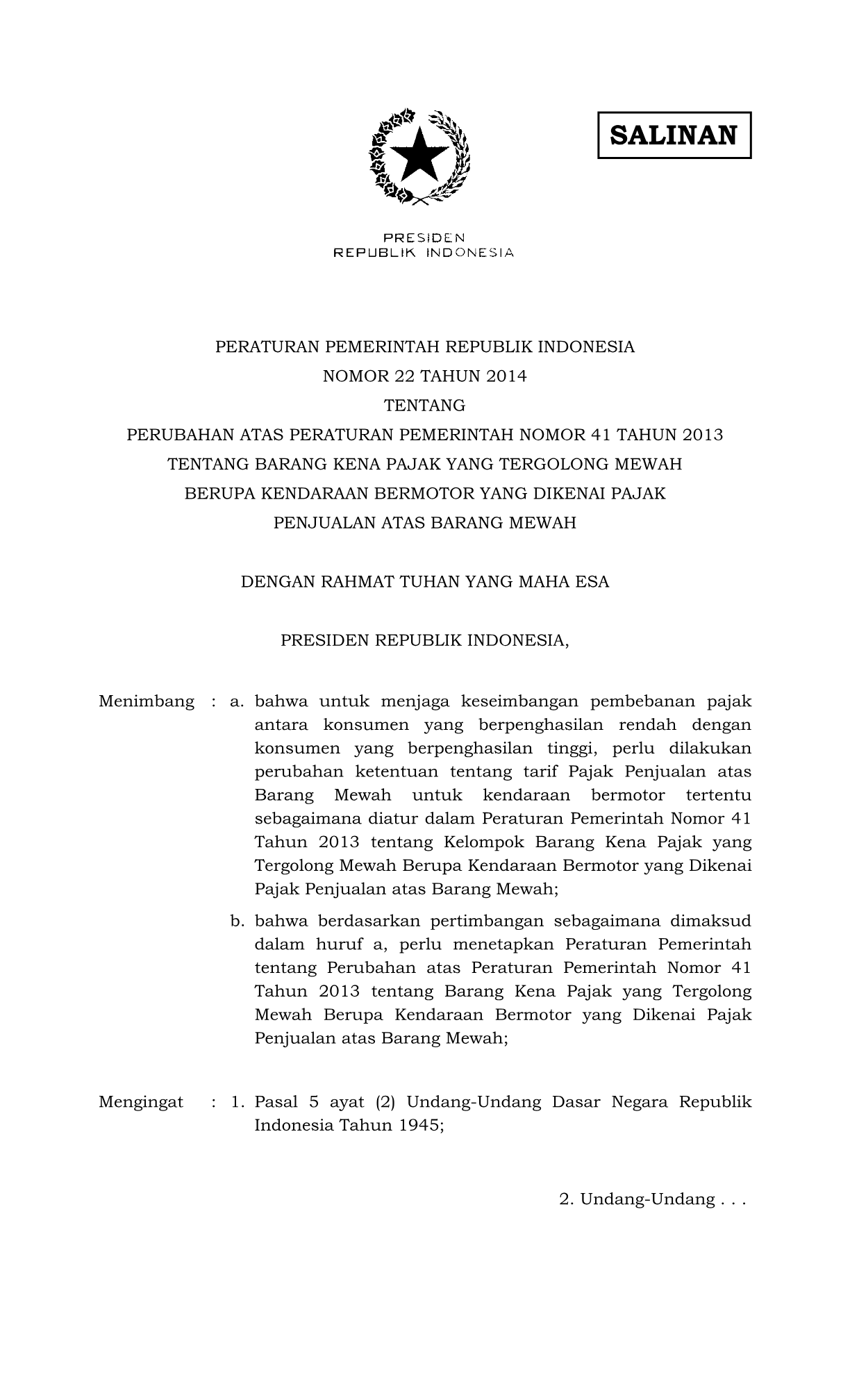 Peraturan Pemerintah Nomor 22 Tahun 2014