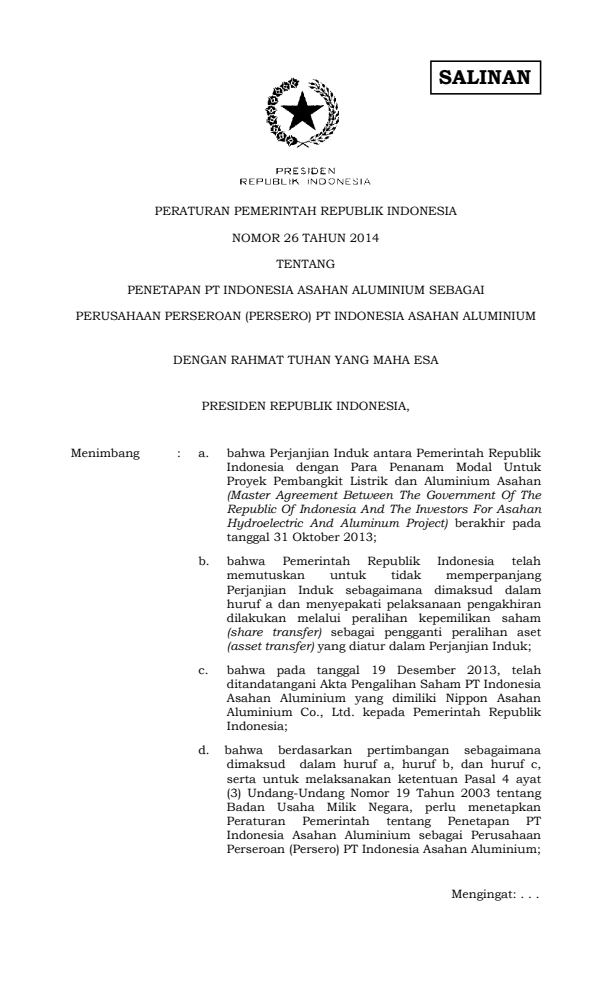 Peraturan Pemerintah Nomor 26 Tahun 2014