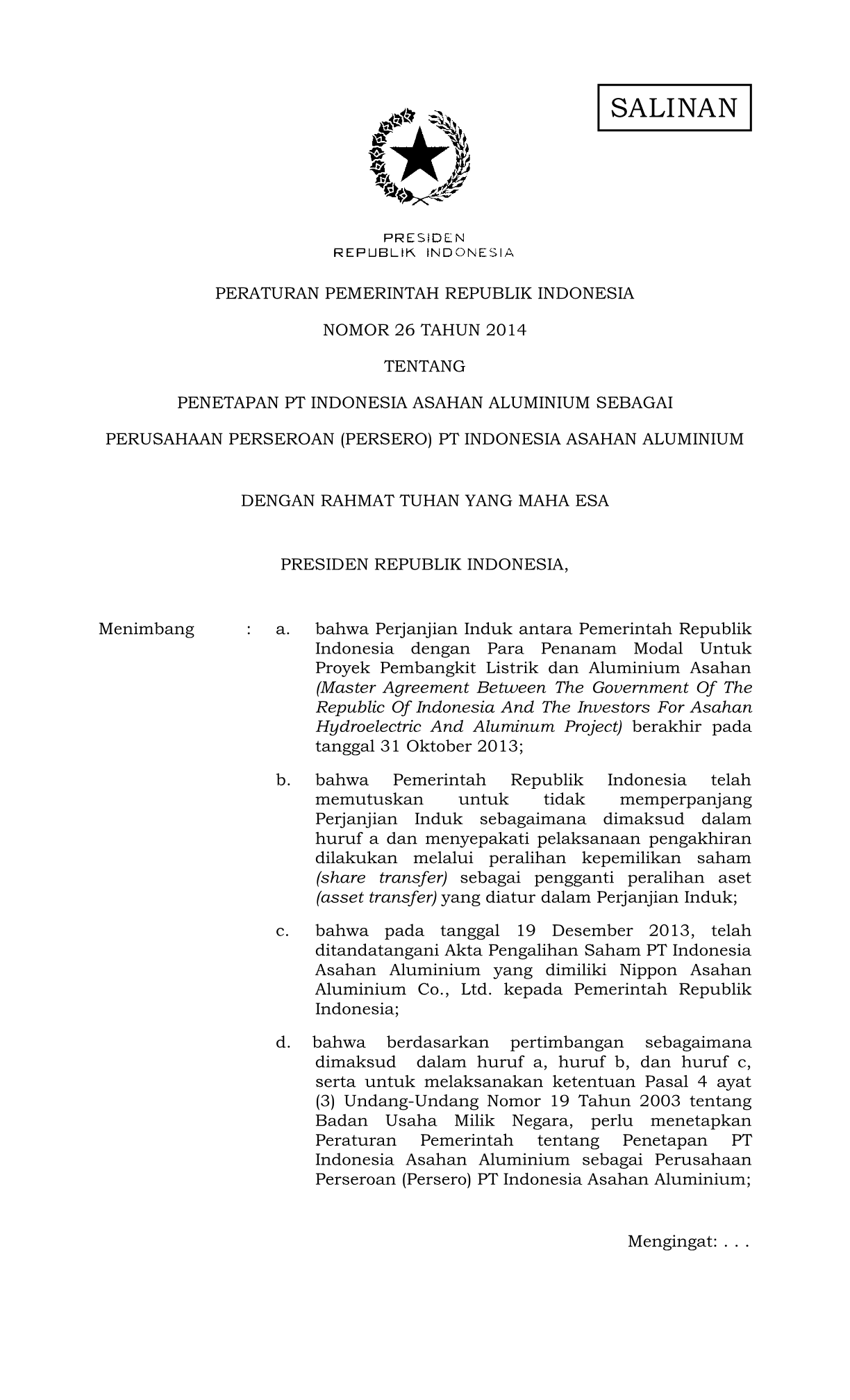Peraturan Pemerintah Nomor 26 Tahun 2014