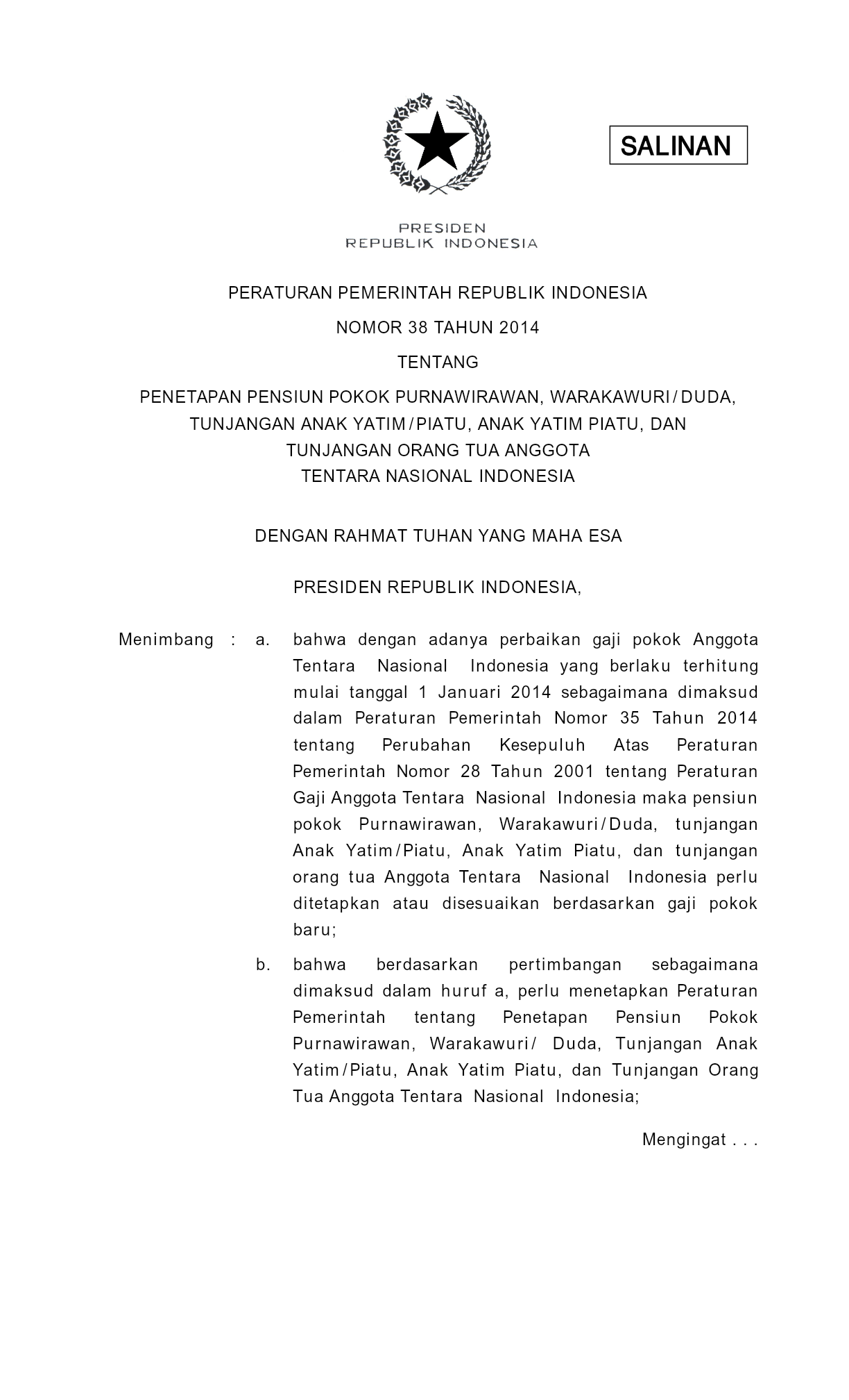 Peraturan Pemerintah Nomor 38 Tahun 2014