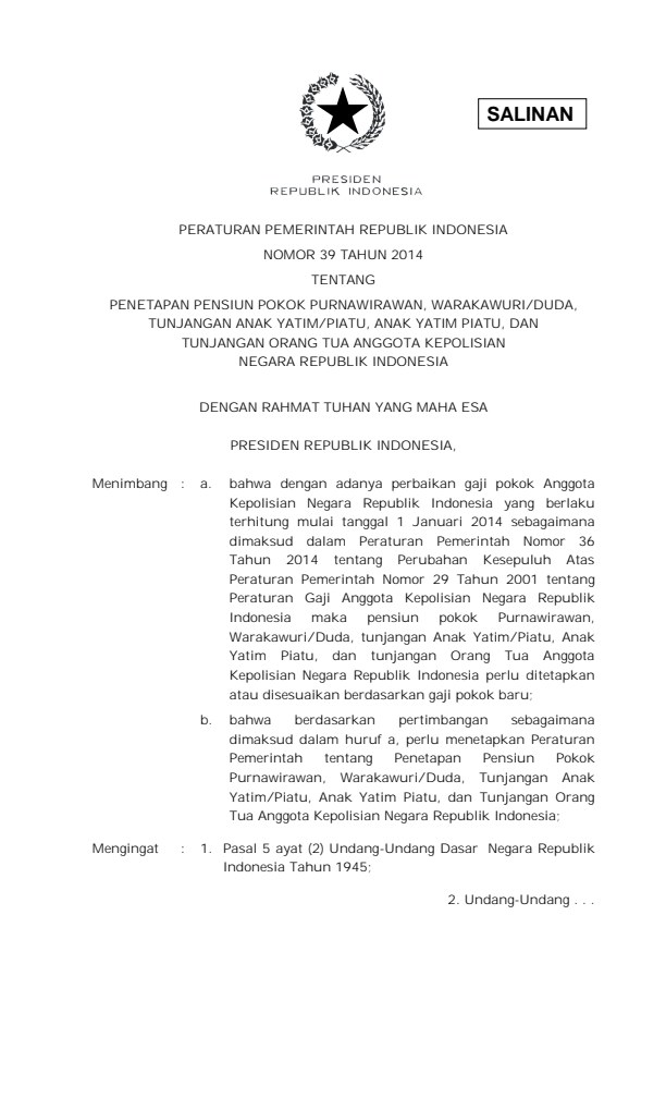 Peraturan Pemerintah Nomor 39 Tahun 2014