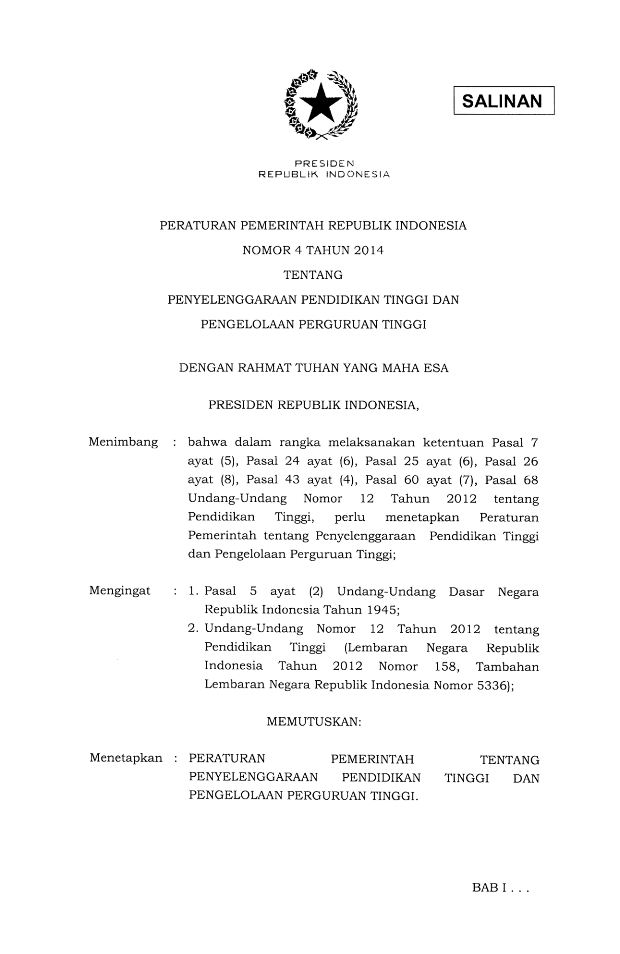 Peraturan Pemerintah Nomor 4 Tahun 2014