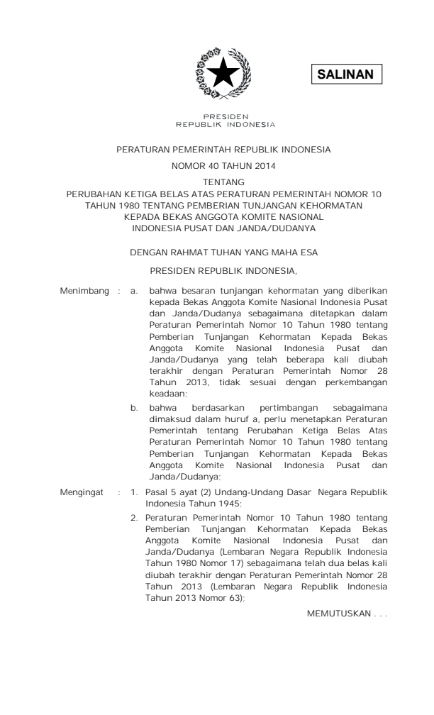 Peraturan Pemerintah Nomor 40 Tahun 2014