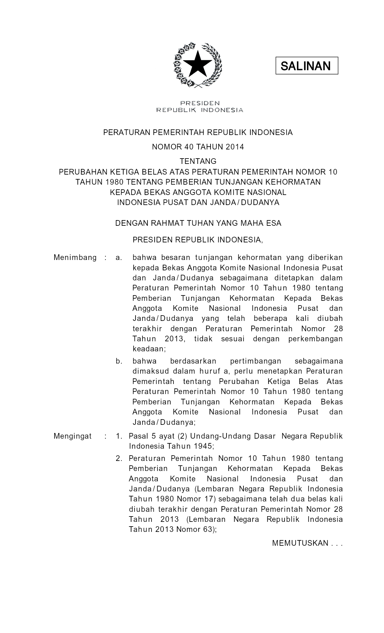 Peraturan Pemerintah Nomor 40 Tahun 2014