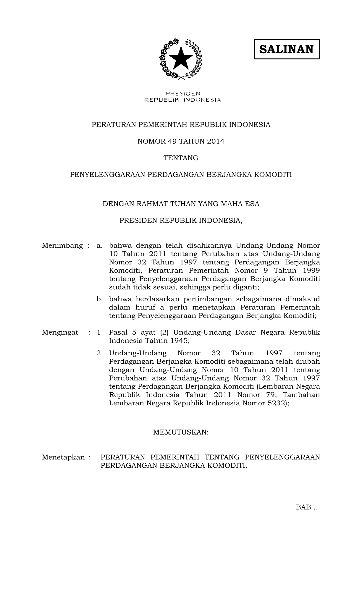 Peraturan Pemerintah Nomor 49 Tahun 2014
