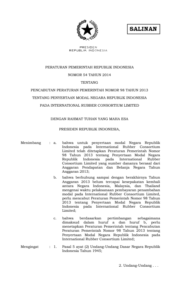 Peraturan Pemerintah Nomor 54 Tahun 2014