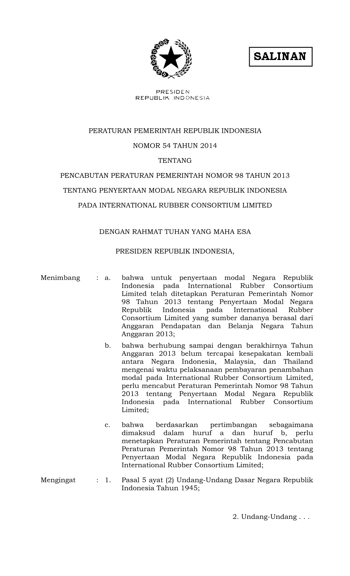 Peraturan Pemerintah Nomor 54 Tahun 2014