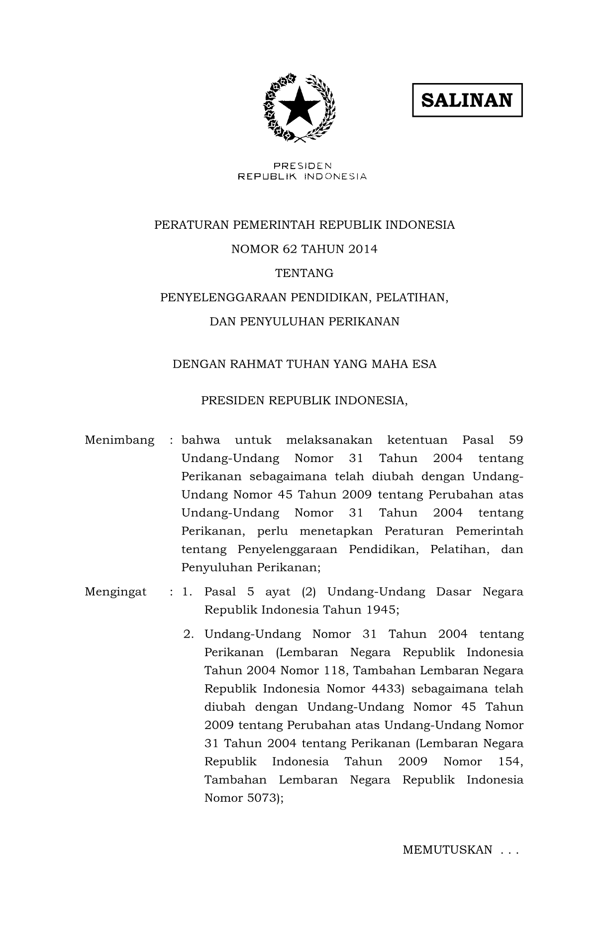 Peraturan Pemerintah Nomor 62 Tahun 2014