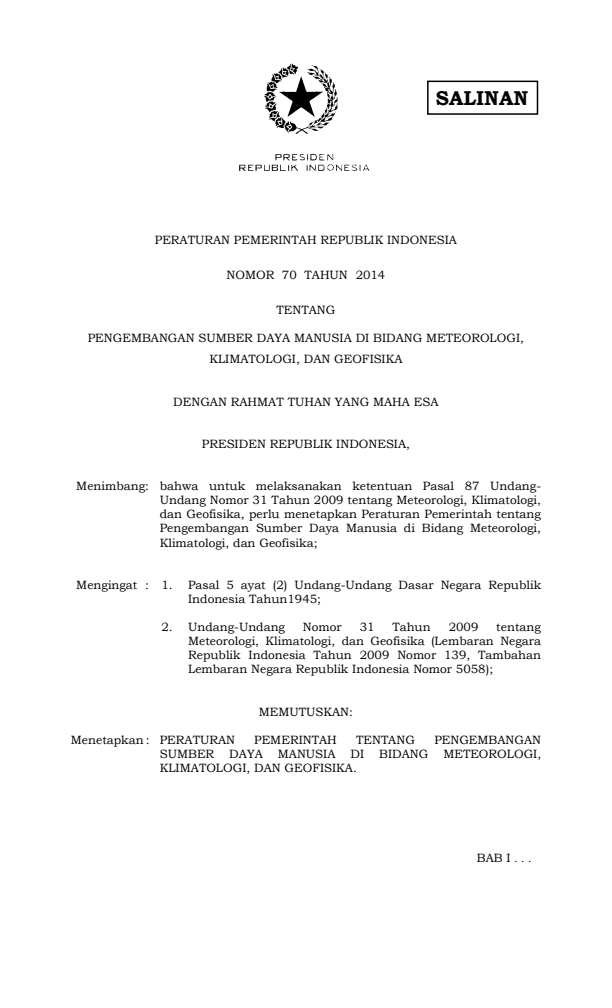 Peraturan Pemerintah Nomor 70 Tahun 2014