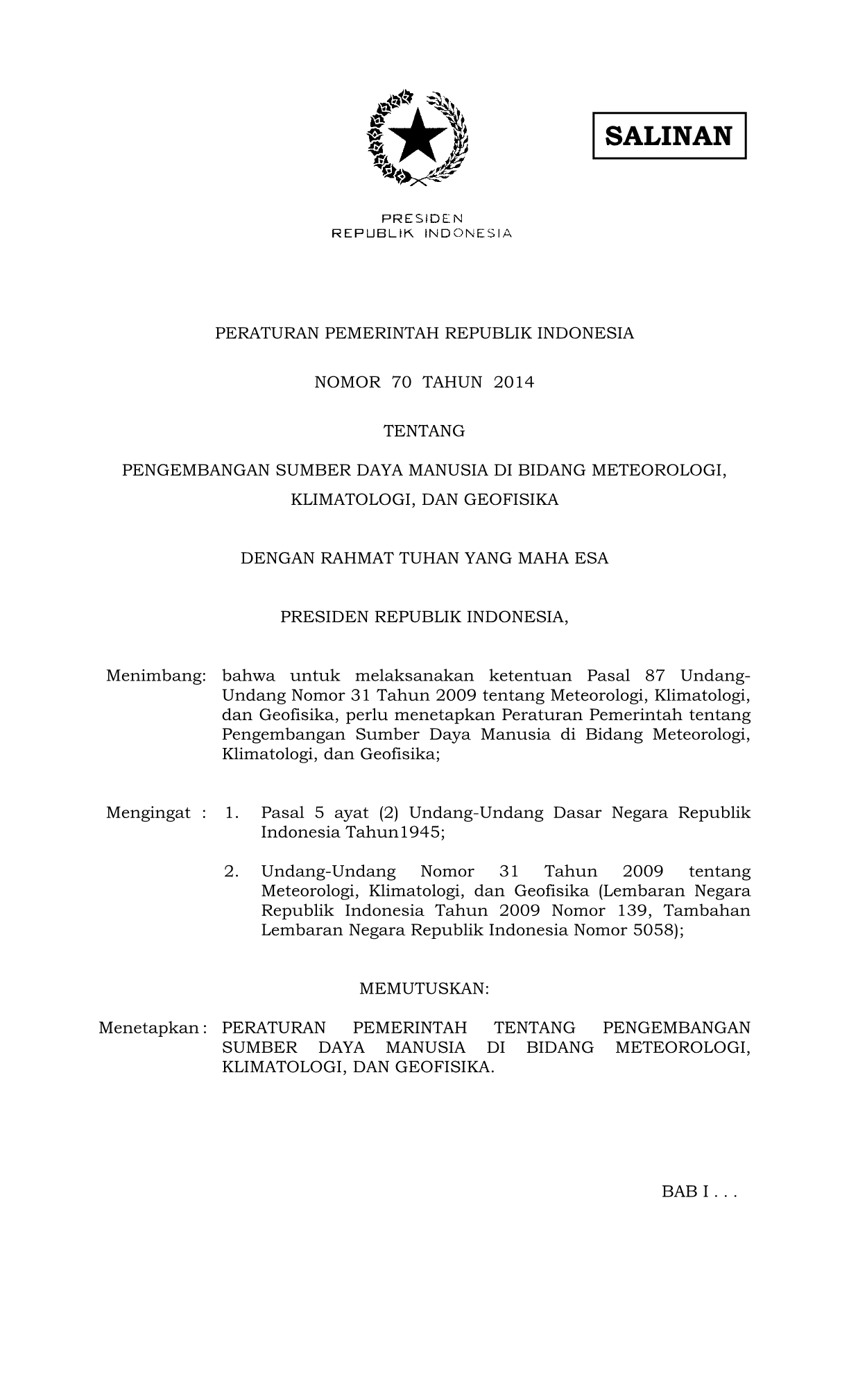 Peraturan Pemerintah Nomor 70 Tahun 2014