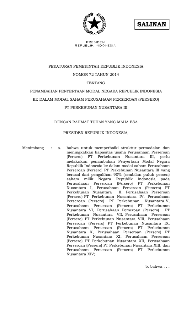 Peraturan Pemerintah Nomor 72 Tahun 2014