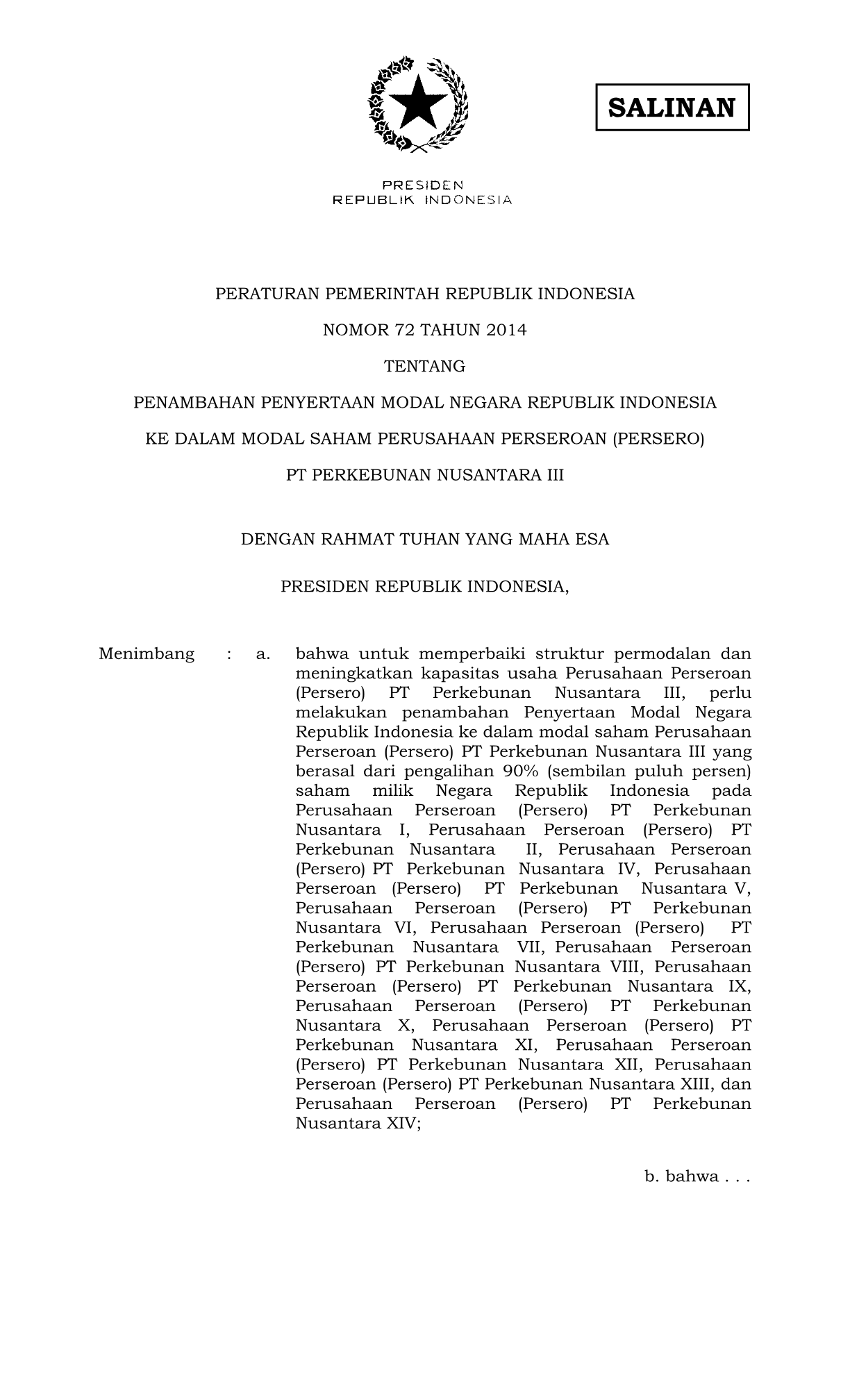 Peraturan Pemerintah Nomor 72 Tahun 2014