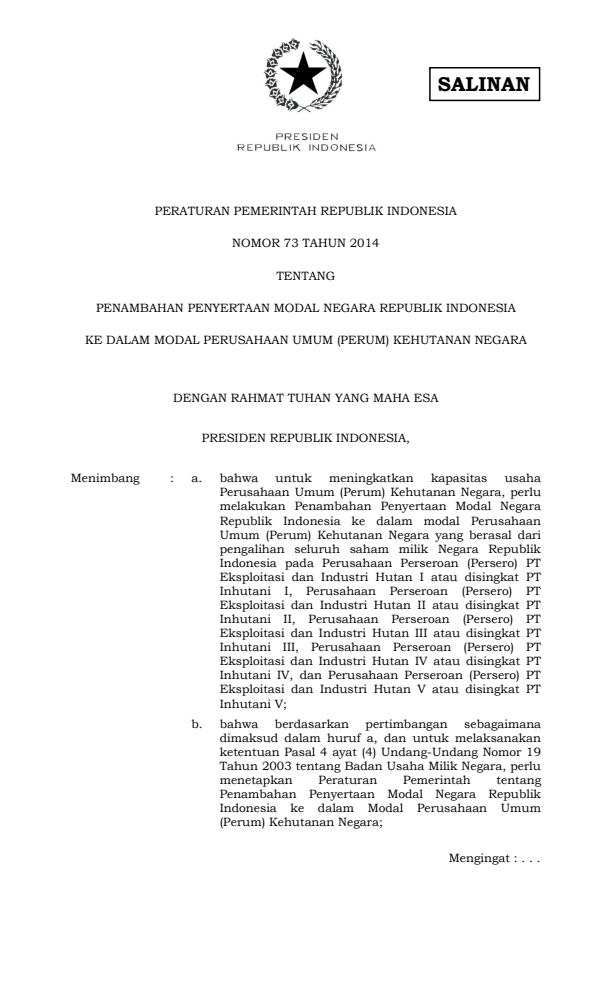 Peraturan Pemerintah Nomor 73 Tahun 2014