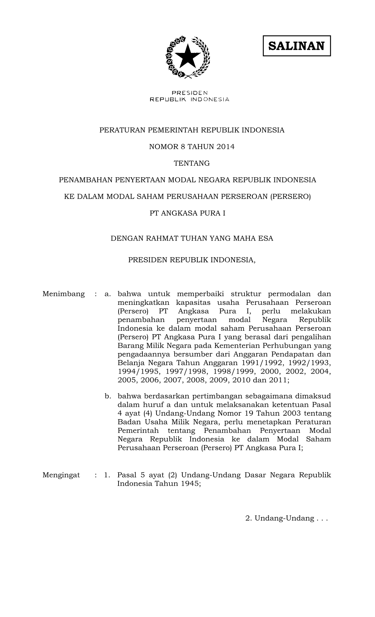 Peraturan Pemerintah Nomor 8 Tahun 2014